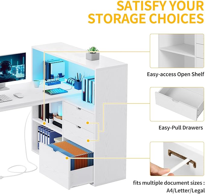 DWVO L Shaped Desk with Drawers 55 Corner Computer Desk with Bookshelf &amp Power Outlets &amp LED Lights Home Office Desk with Storage Shelves White