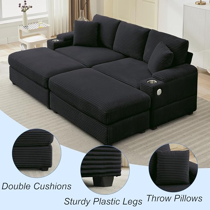 86.6 Sectional Sofa Couch with 2 Ottomans Comfy Corduroy Upholstered Cloud Modular Convertible Couch with Cup Holders and USB Armrest Storage Deep Seat Oversized Loveseat for Living Room Black