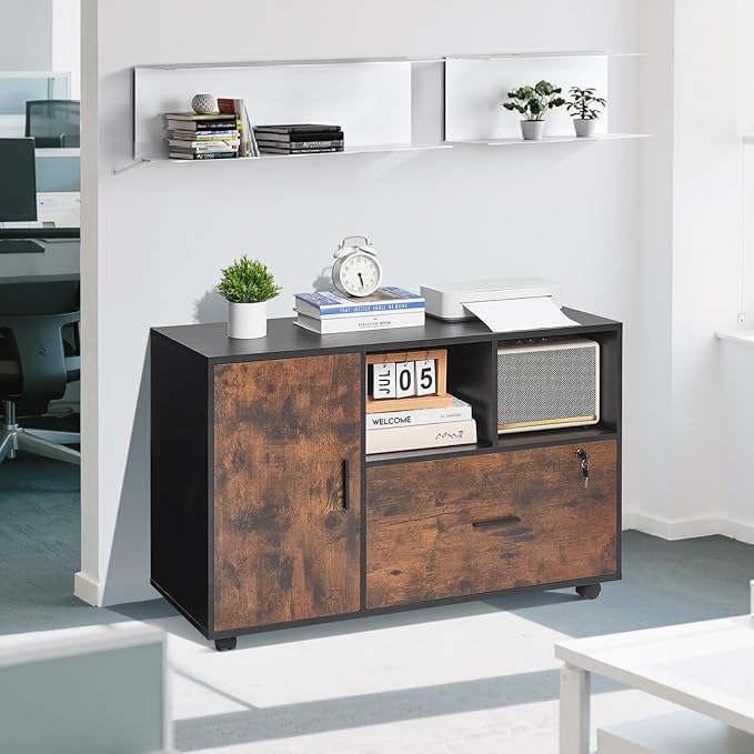 VEVOR Wood File Cabinet Mobile Filing Cabinet with Open Shelves Lockable Lateral Rolling File Storage with Adjustable Shelves Free Standing Printer Stand for Home Office School Rustic Brown