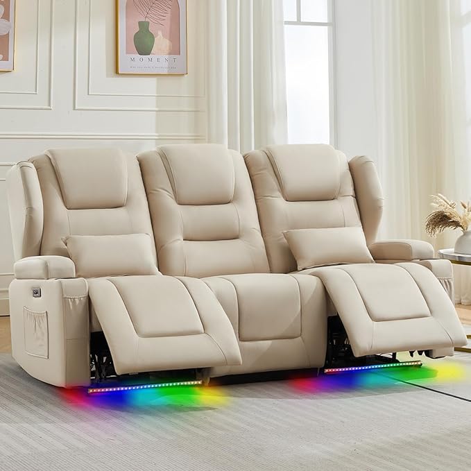 3-Seater Power Recliner Sofa Couch Flip Middle Backrest Reclining Sofa Chair for Living Room with Charging Station/Cup Holders/LED Ambient Light