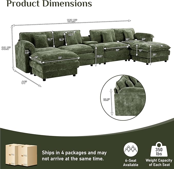 152 Oversized Modular Sectional Sofa U Shaped Cloud Couch Modern 6 Seat Sofa Set for Living Room Comfy Chenille Couch with Storage Central Console Movable Ottomans Cup Holders USB Ports Green