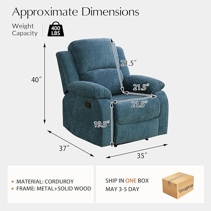 Manual Linen Recliner Chair Sofa for Living Room35 Ergonomic Reclining Chair with 10 Arm/Upholstered Seat/Metal FrameModern Single Couch for Rv Sofa/Home Theater Seating/Office(Blue)