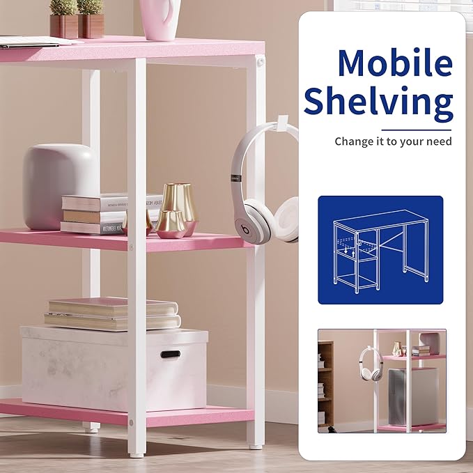 Pamray 32 Inch Small Computer Desk with Shelves Home Office Desk with Headphone Hook for Bedroom Study Writing PC Table for Small Spaces Pink
