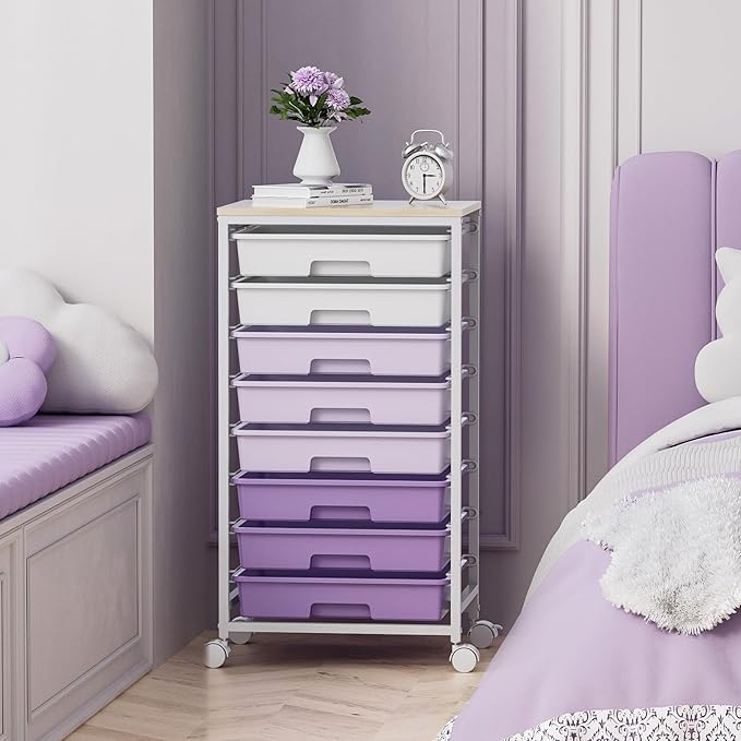 Rolling Cart with DrawersUtility Cart With 8 Drawers and Wooden Tabletop for Living RoomClassroomBedroomBathroomDormOfficePurple