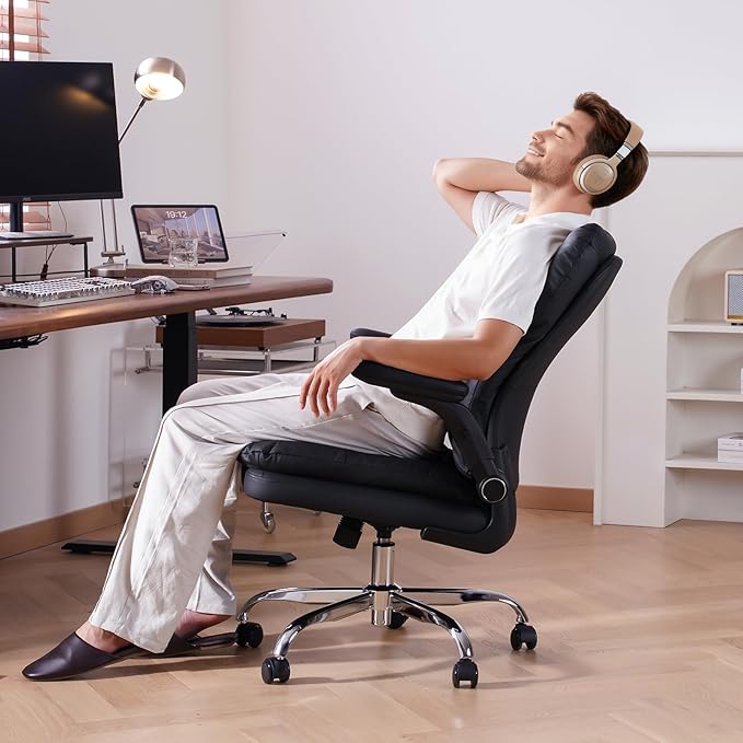 LEAGOO Comfy Office Chair with Padded Flip-up Arms Mid Back Executive Ergonomic Desk Chairs Faux Leather Computer Rolling Chair with Wheels for Home Adjustable Height 360 Swivel 300lbs Black