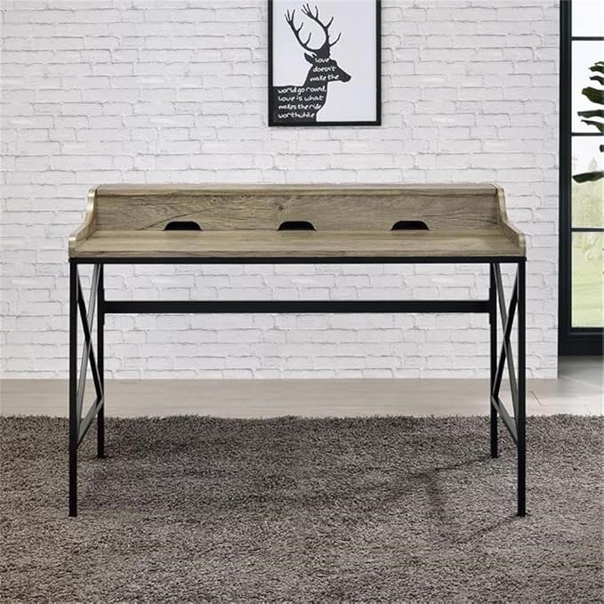 Pemberly Row Contemporary Gray Wood and Black Metal Desk USB Port and Electrical Outlet 48.75 in Wide Modern Design with Hidden Storage Levelers Home Office Workspace Furniture