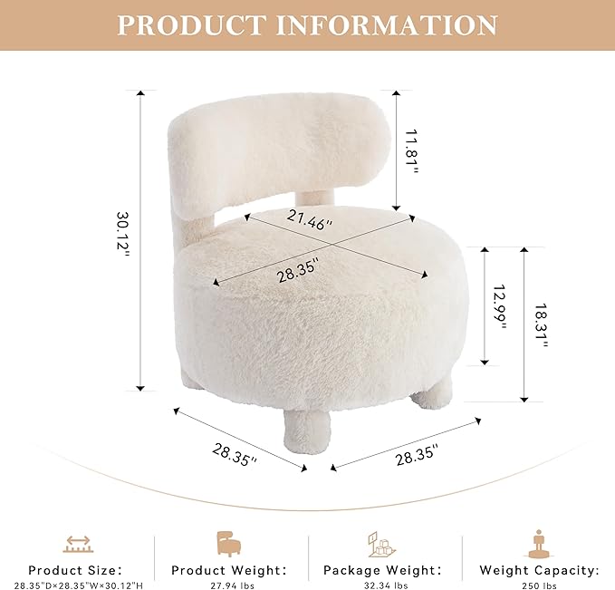Upholstered Armless Chairs Modern Fur Accent Chair Cute Furry Chairs with Curved Backrest and Solid Wooden Legs for Living Room Bedroom Reading Room White