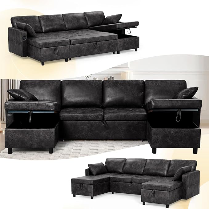 110 Suede Leather Pull Out Sofa Bed w/Adjustable Backrest Sectional Sleeper Couch w/Storage Chaises and Armrest Pillows U-Shape Sofa Bed w/USB Port for Living Room House Black