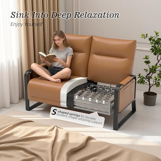 Faux Leather Sectional Couches for Living Room 3 Piece Loveseat and Chair Set with Flip Up Tray Tables Side Pockets Modern Modular Sectional Sofa for Office (2-Seat+1-Seat+1-Seat Brown)