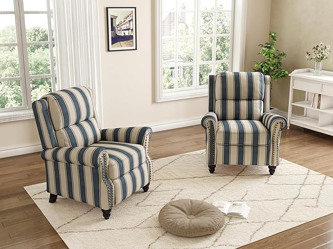 Wingback Recliner Chairs Set of 2 Upholstered Pushback Recliner Chair Comfy Fabric Armchair Push Back Recliner with Wood Legs Rivet Trim Accent Chair for Living Room Bedroom Navy Stripe