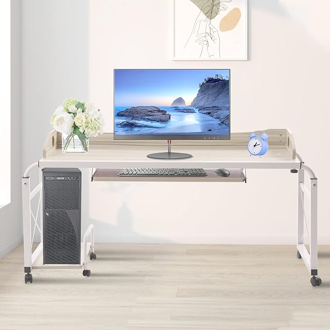 83 in-Lenght Height Adjustable Standing Desk Rolling Laptop Computer Desk with Wheels Storage Cabinets Mobile Computer Table Bed Desk Rising Table Writing Work Station for Home Office Study