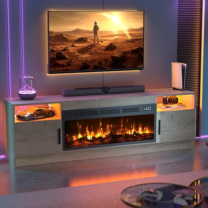 Fireplace TV Stand with 36 Fireplace Up to 80 TV 70 Entertainment Center with LED Lights Remote Control TV Media Console with Storage Cabinets for Living Room Grey