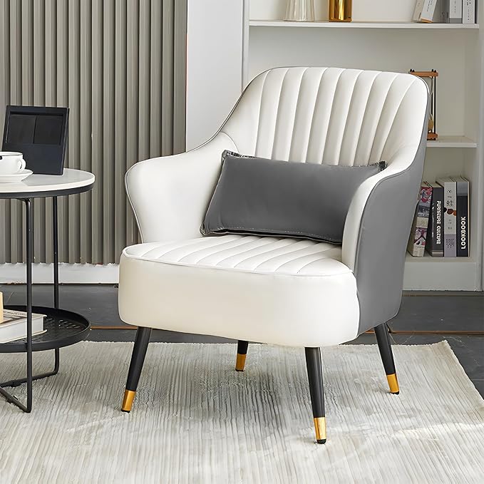 Accent Chair with Lumbar Pillow Comfy Reading Chair Mid Century Modern Barrel Chair Upholstered Single Sofa Chair with Metal Legs for Living Room Bedroom White &amp Grey
