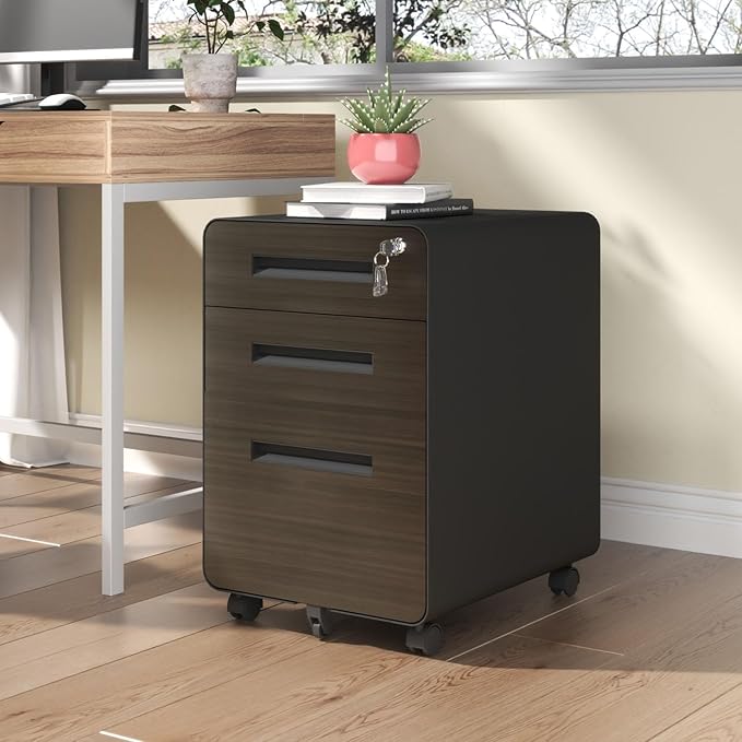 3 Drawer Mobile File Cabinet with LockUnder Desk Metal Filing Cabinets for Home Office Organizer Letters/Legal/A4 Fully Assembled (Black)