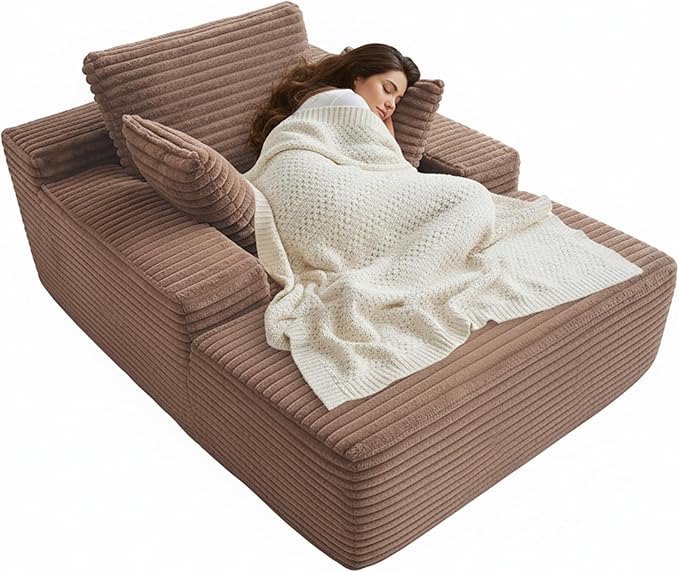 67'' Chaise Lounge Chair Indoor Oversized Boneless Sofa Bed Fluffy Corduroy Sleeper Sofa for Apartment Bedroom Living Room Comfy Cloud Boneless Couch Reading Recliner No Assembly Brown
