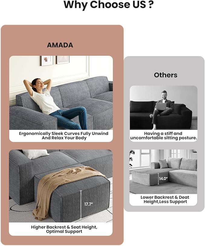 Amada 80 L Shaped Sofa Modular Corduroy Clopud Couches with Deep Seats &ampHigh-Back Upholstered Couches for Living Room Bedroom with Ottoman No Assembly Required(2-Seater&amp1 OttomanGrey)