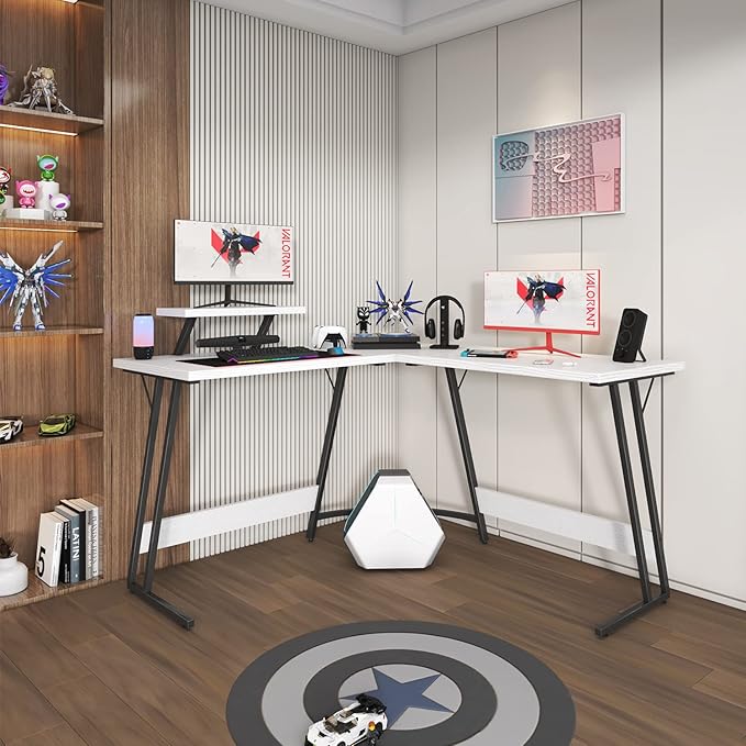 Homall L Shaped Gaming Desk Computer Corner Desk PC Gaming Desk Table with Large Monitor Riser Stand for Home Office Sturdy Writing Workstation (Classical White 51 Inch)