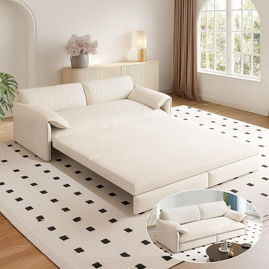 66 Queen Size Sofa Bed 3 in 1 Convertible Pull Out Sleeper Sofa with Thicked Cushions and Side Storage Velvet Loveseat Couch for Home Living Room Bedroom Apartment Lounge Small Spaces Beige