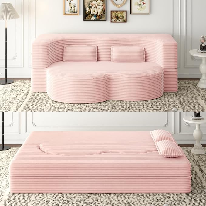 2 in 1 Convertible Folding Sofa Bed Plush Corduroy Lazy Lounge Sofabed Foam Folding Floor Sofa Bed 78 Full Size Memory Foam Couch for Living Room Guestroom No Assembly Sofabed (Baby Pink)