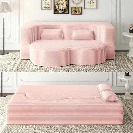 2 in 1 Convertible Folding Sofa Bed Plush Corduroy Lazy Lounge Sofabed Foam Folding Floor Sofa Bed 78 Full Size Memory Foam Couch for Living Room Guestroom No Assembly Sofabed (Baby Pink)