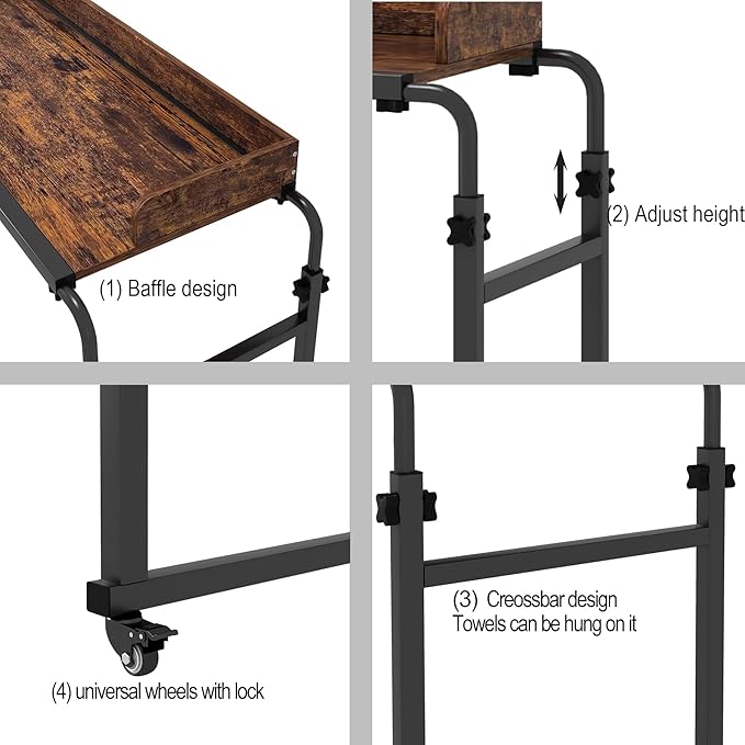 Overbed Table with Wheels Bed Desk Recliner Table Adjustable Height Laptop Table Queen King Size Over The Bed Table with Wheels &amp Heavy Duty Metal Leg Laptop Desk for Recliner (Rustic Brown)