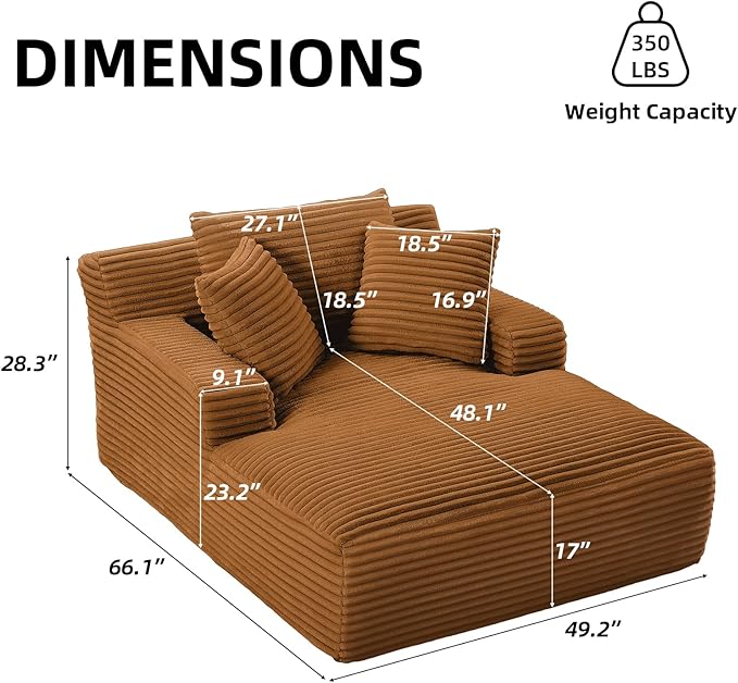 Oversized Chaise Lounge Chair Indoor Corduroy Sofa Bed with Throw Pillows Recliner Chair Comfy Large Deep Seat Sofa Couch for Living Room Bedroom Apartment (Orange)