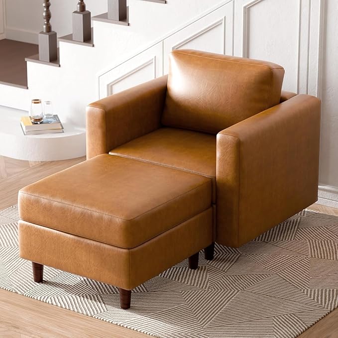 ABCASA Faux Leather Oversized Accent Chair with OttomanUpholstered Armchair with StorageExtra-Deep-Seated Modular Single SofaReading Chair with Footrest for Living Room Lounge Chair Brown