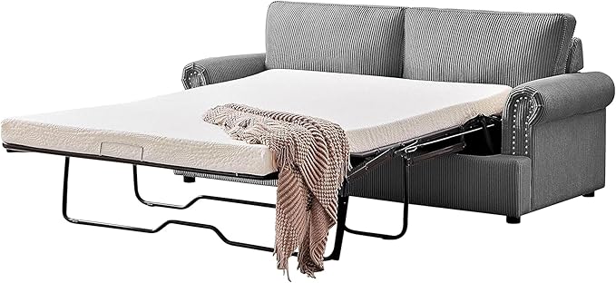 Reversible Sleeper Sofa Bed with Comfortable Memory Foam Mattress Convertible Corduroy Full Size Pull Out Couch for Living Room Space Saving Furniture 76 Wide Rounded Arms Grey