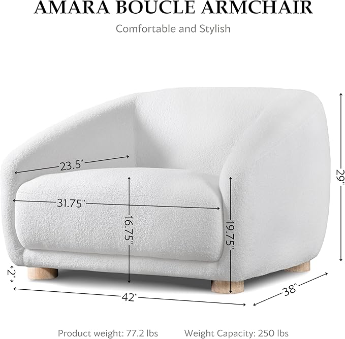 Furniture of America Amara Modern Boucle Arm Chair with Sloped Armrests and High Density Foam Wooden Comfortable Couch for Living Room Office Oeko TEX Certified White