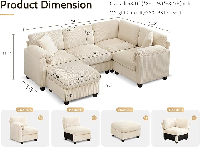 DRMBOOK 88'' U Shaped Modular Sectional Cloud Couch Comfy Corduroy 4 Seater Sofa with Curved Armrest Modern Deep Seat Modular Sofa for Living Room (Cream Beige 3 Seat+1 Corner+1 Ottoman)