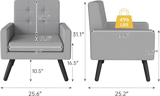 Kromax Mid-Century Modern Accent Chair for Living Room 496 Lb. Weight Capacity Dual Armrests Comfy Extra Large Seat Timeless Style Perfect for Reading &amp Relaxing Light Grey