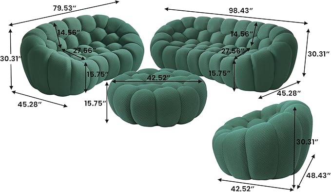 Bubble Couch for Living Room Bubble Sofa Curved Couch Set Comfy Upholstered Floor Sofa Mesh Fabric 3D Honeycomb Shape Modern Couches for Living Room Apartment (Green 98+78+49+41)