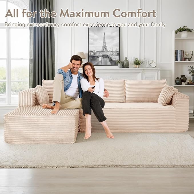 110 Modular Sectional Sofa Cloud Sectional Couch with L-Shape Chaise Modern Modular Couches with Deep Seat Corduroy Sponge Compressed Sofa for Living Room No Assembly Required (Beige)