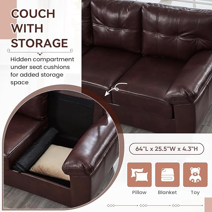 79-inch 3 Seater Couch with Storage Mid-Century Vintage Retro Faux Leather PU Upholstery Tufted Cloud Comfy Deep Seat Sofa Couch for Living Room Office Apartment Burgundy