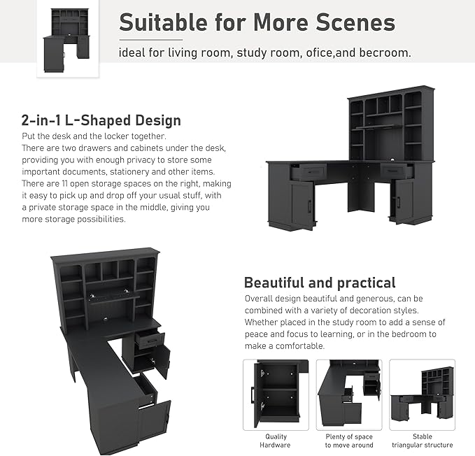 L-Shaped Gaming Desk with Hutch Corner Desk with Drawers and Cabinet Home Office Computer Desk with Open Storage Shelves Multi-functional Writing Desk for Study Room Bedroom Living Room Black