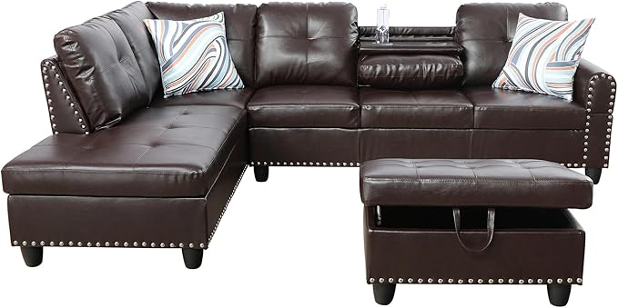 L Shaped Sectional Couches Convertible Lounge Leather Couch with Reversible Cup Holder Nail-Head Design Modern Modular Sectional Sofa for Living Room Furniture Sets Brown A