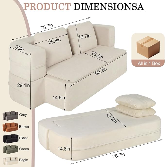Folding Sofa Bed 78.7 Extra-Long Convertible Sofa Bed with 2 Pillows &amp Blanket 14.6 Thick High-Density Foam Boneless Couch for Bedroom Living Room Apartment Beige