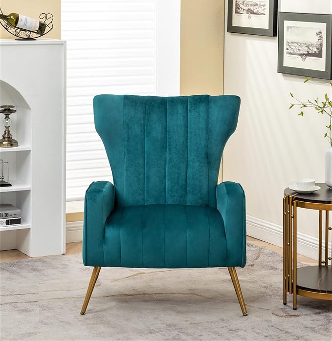 Modern Velvet Accent Chair Channel Tufted Bedroom Office or Living Room Furniture with Elegant Metal Legs 26 Wide Armchair Blueish Green