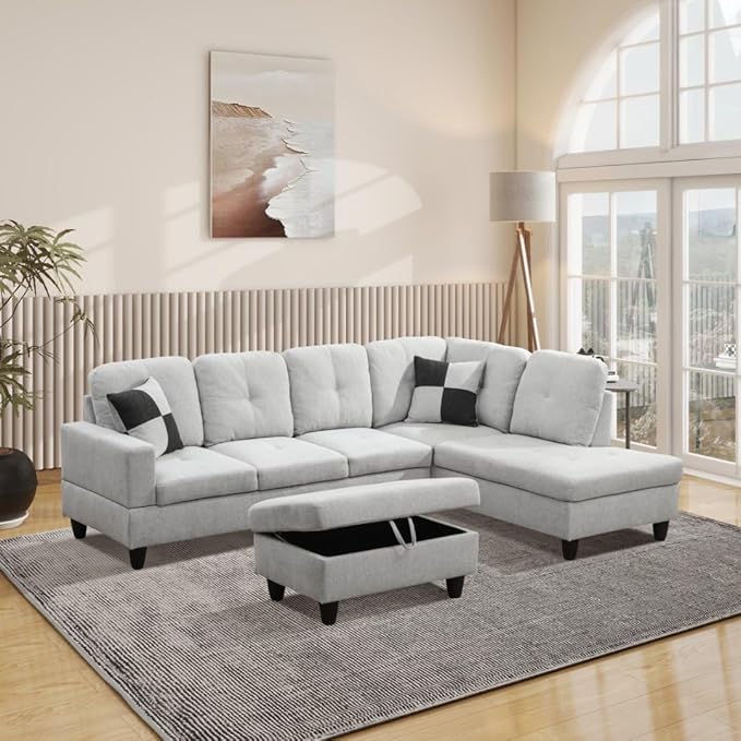 L-Shaped 3-Piece Flannel Sofa with Storage Ottoman Set Sectional Couch Sofa Set for Living Room Office Small Space Light Grey