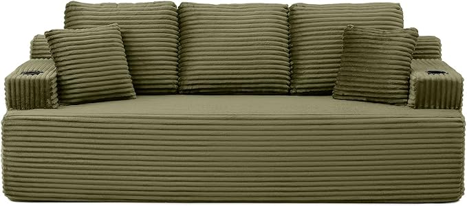 3-Seater Sofa Cloud Boneless Couch Corduroy Upholstered Deep Seat Beanbag Sofa Chair with Cup Holder &ampSide Pocket Modern Comfy Compression Memory Foam Couch for Living Room Bedroom(86.2 W Gre