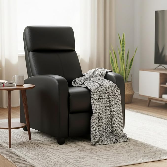 PayLessHere Recliner Chair Single Reclining Sofa Home Theater Seating with Lumbar Support and Padded Backrest for Living Room and Bedroom (Leather Black-Massage)