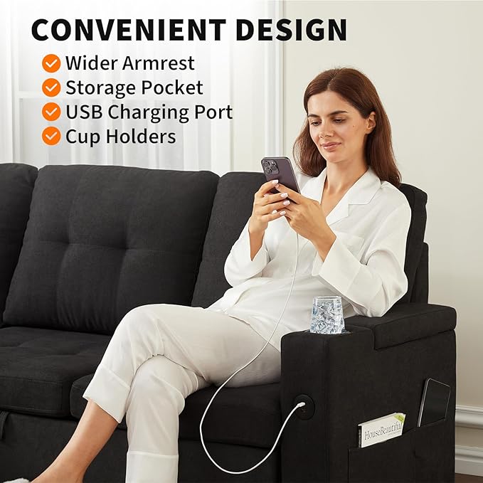 Garvee Couches for Living Room 84'' Sofa Bedl-Shaped Sectional Sleeper Sofa with Pull Out BedReversible Storage Chaises Hidden Storage ArmrestsCup Holders &amp USB Charging Ports