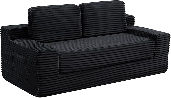 Loveseat Cloud Boneless Couch Upholstered Floor Sofa with Armrests 2-in-1 Convertible Corduroy Couch Bed for Living Room Apartment Black