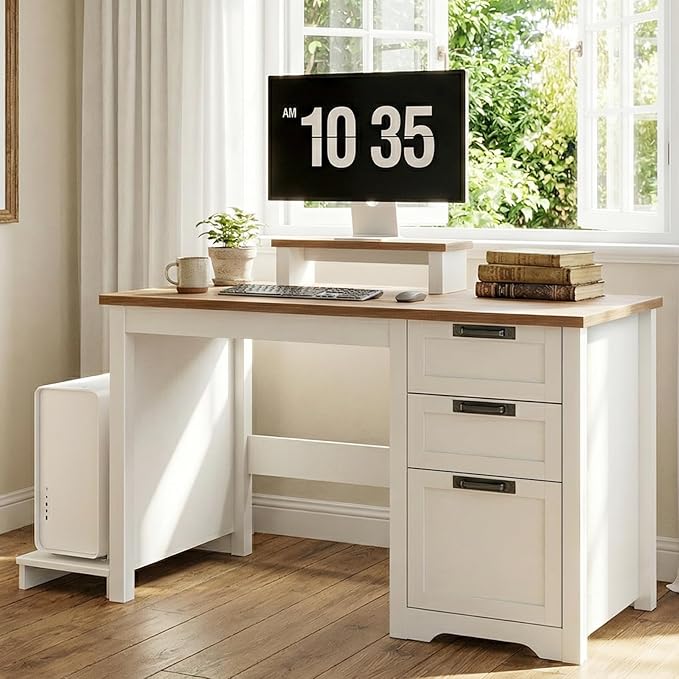 Farmhouse 47.2” Computer Desk with Adjustable File Drawer 3 Drawers Reversible Executive Desk with PC Case Stand &amp Movable Monitor Stand  Workstation for Home Office Writing Study(Unique Whit