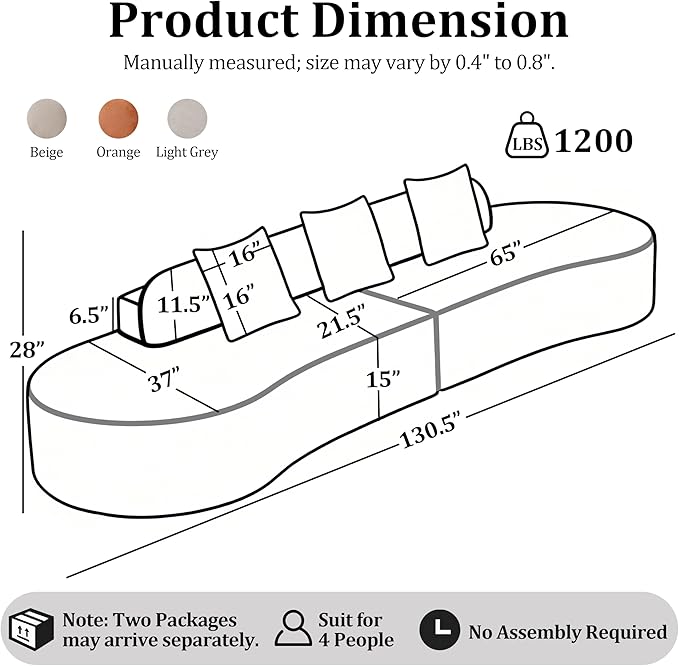 130'' Curved Modular Sectional Long Sofa Modern Cloud Boneless Deep Seat Couch Plush Terry Cloth Compressed Upholstered Lounge Sofa for Living Room No Assembly Required Light Grey 3 Pillows