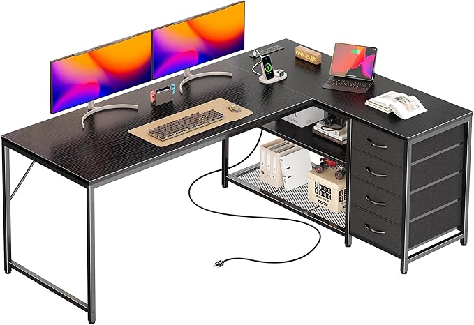 PRAISUN 61 L Shaped Desk with Power Outlets and USB-C Port Reversible Computer Corner Office Desk with 4 Fabric Drawers and 2 Height-Adjustable Shelves Large for Gaming Writing Work StudyBlack