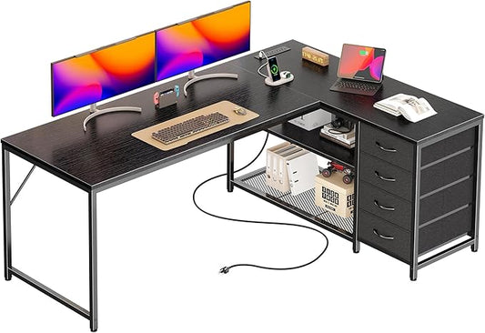 PRAISUN 61 L Shaped Desk with Power Outlets and USB-C Port Reversible Computer Corner Office Desk with 4 Fabric Drawers and 2 Height-Adjustable Shelves Large for Gaming Writing Work StudyBlack