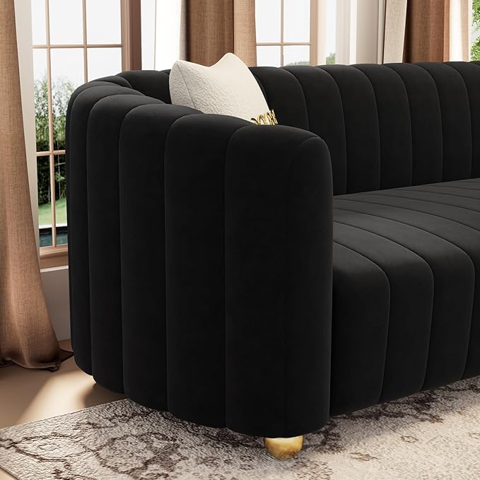 KEAI 83.46 Velvet Couch for Living Room Large Modern Sofa with Gold Metal Sphere Legs Office Upholstered Comfy 3 Seater Couches Cute Sherpa Bedroom Furniture (Black)