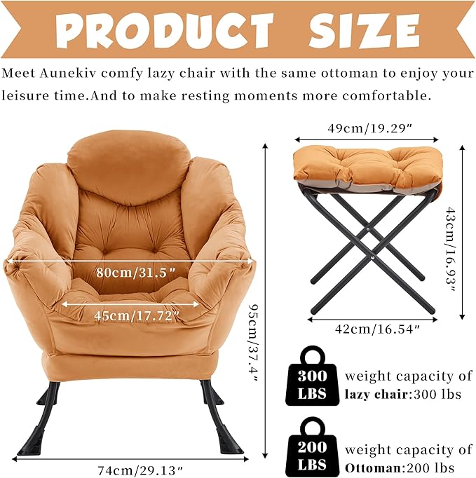 Lazy Chair with Ottoman Comfy Accent Lounge Chair with Side Pocket Modern Reading Armchair with Footrest Upholstered Sofa Chair for Small Spaces Bedroom Living Room Dorm Burnt Orange