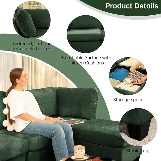 L Shaped Sofa Modern Sofa Modular sectional Cloud Couch with 1 Ottomans 5-seat Chenille deep-seat with Storage and 6 Pillows for Living Rooms bedrooms and Apartments (Green)